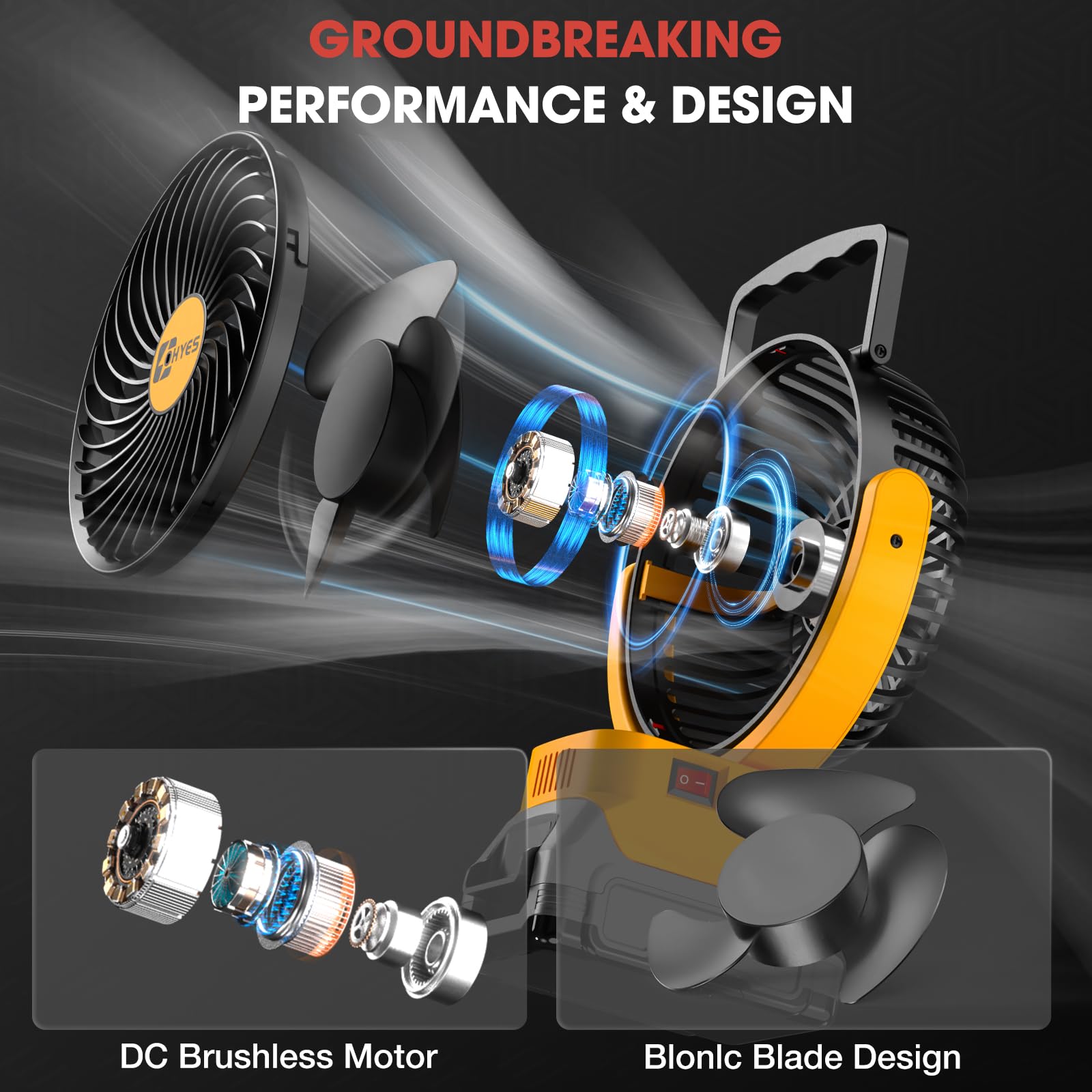 ohyes Cordless 5IN Jobsite Fan Fit For DeWALT 20V Max Battery Brushless Motor Variable Speed USB Fast Charging For Camping and Workshop(Battery not included)