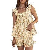 Villagepageme Women Floral Print Pajama Sets 2 Piece Lounge Set Ruffle Trim Sleeveless Top and Shorts Pjs Sleepwear