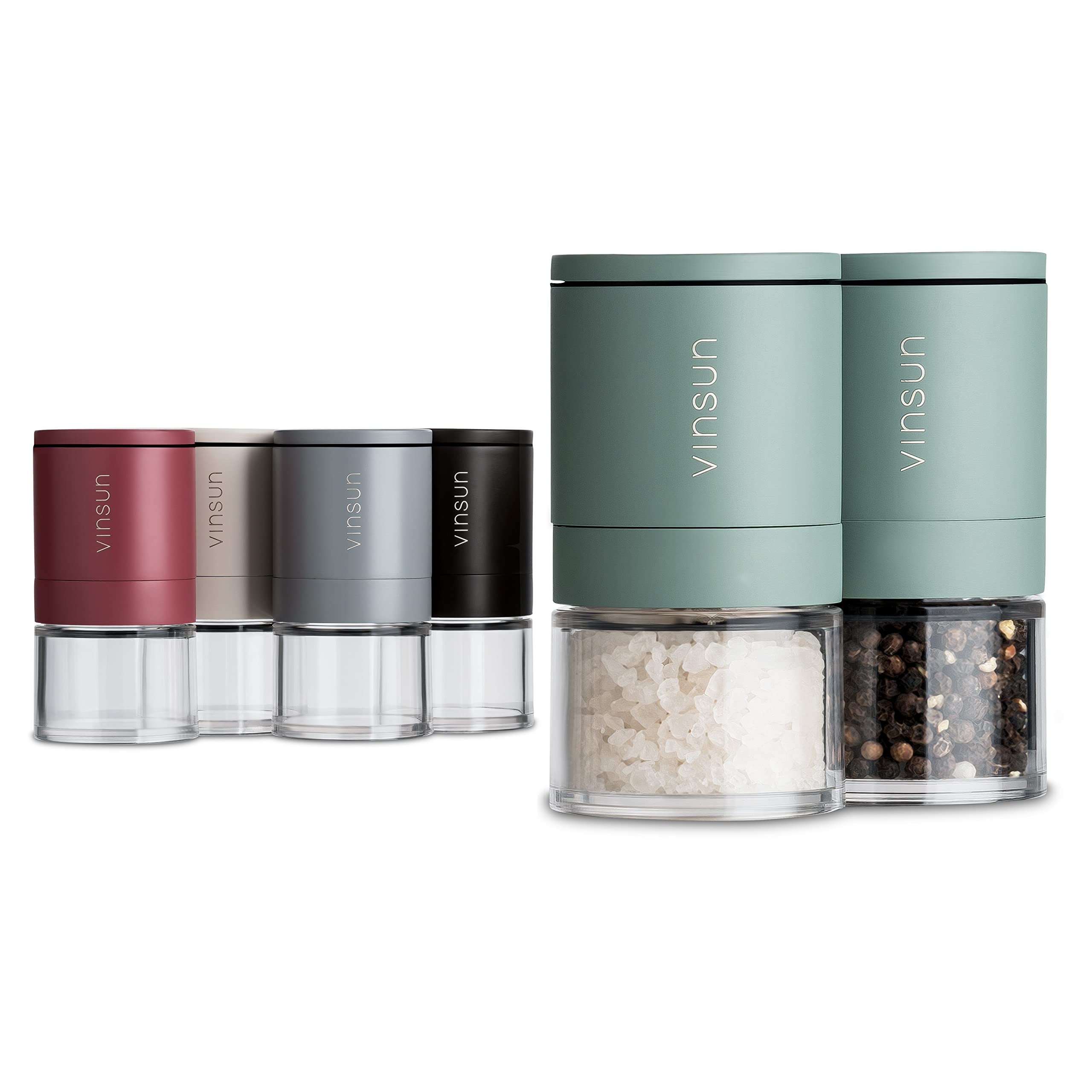 Vinsun Salt and Pepper Grinder Set Green - 2X Small Mill refillable ø51x100mm - Adjustable Ceramic Grinder, Stainless Steel - Spice Mills