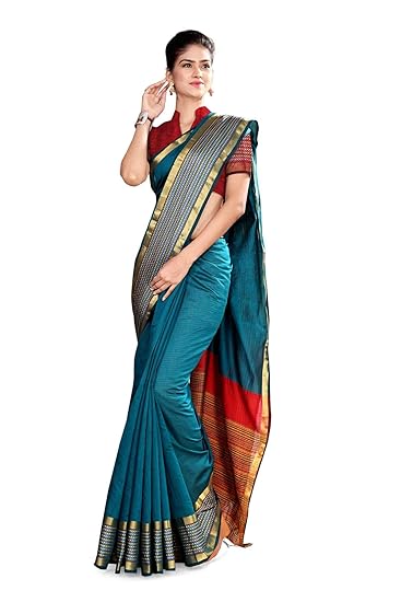 Uniform Sarees Corp Womens Poly Cotton Saree with Blouse Piece (D.No-805/2019, Green and Maroon)