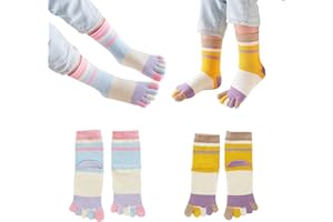 PURSUESTAR 2 Pairs Cotton Five Finger Toe Socks Athletic Running Color Block Rainbow Stripe Dress Socks for Girls Kids Boys 2-10 Years