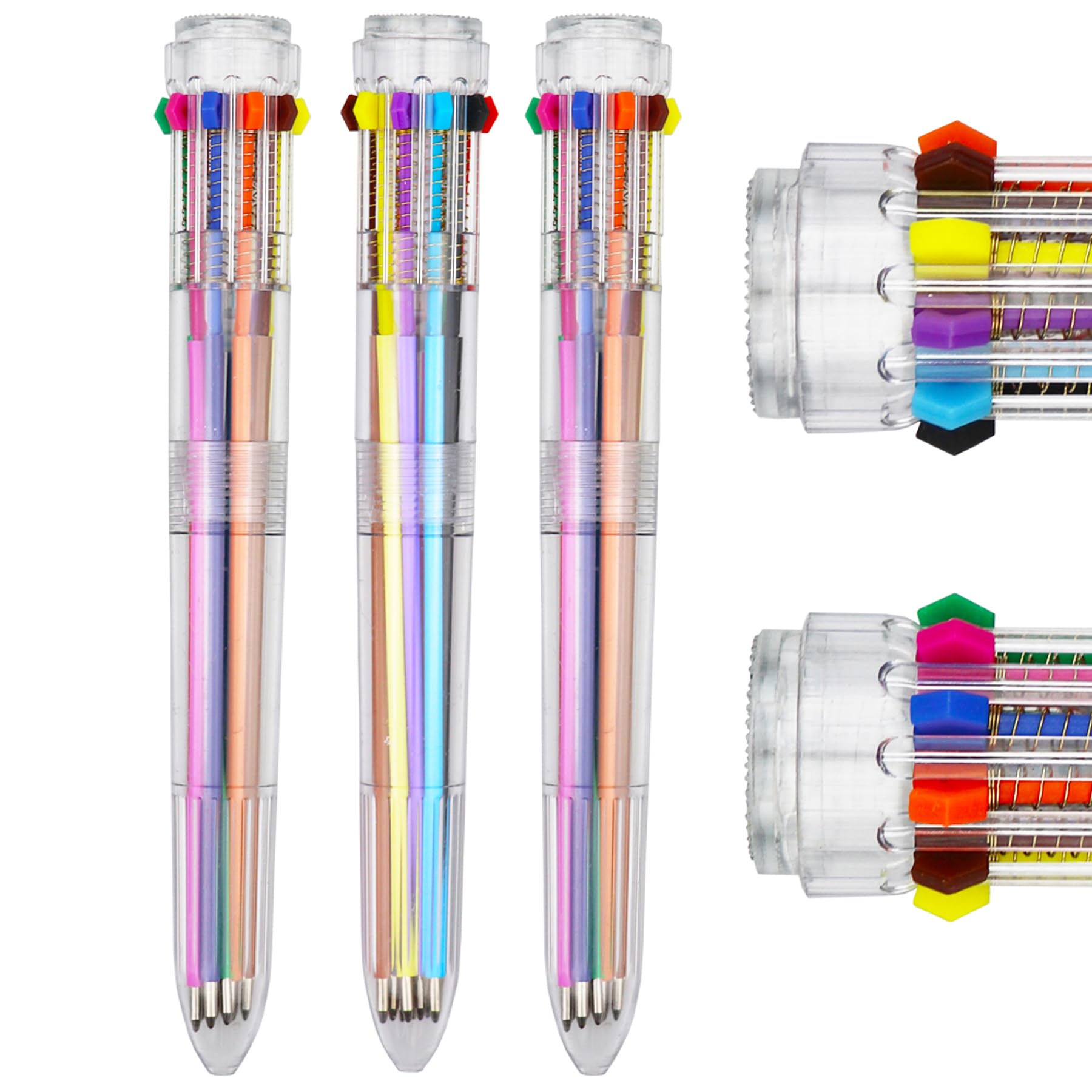 HeTaoCat Multicolor Pens 3 Pack 0.5mm 10-in-1 Retractable Ballpoint Pens - 10 Colors Transparent Barrel Ballpoint Pen for Office Supplies (0.5)