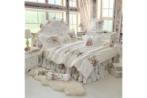 LELVA Chic Shabby Vintage Rose Floral White Duvet Cover Set Bed Skirt Set Ruffle Cotton Bedding for Girls Full 4 Piece