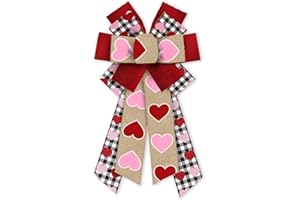 HEUREPPY Large Valentine's Day Wreath Bows Valentines Pink Red Love Hearts Plaids Burlap Fabric Bows for Wreath Valentines Decor Ribbon Bows for Valentine's Day Party Wedding Indoor Outdoor Decoration Supplies