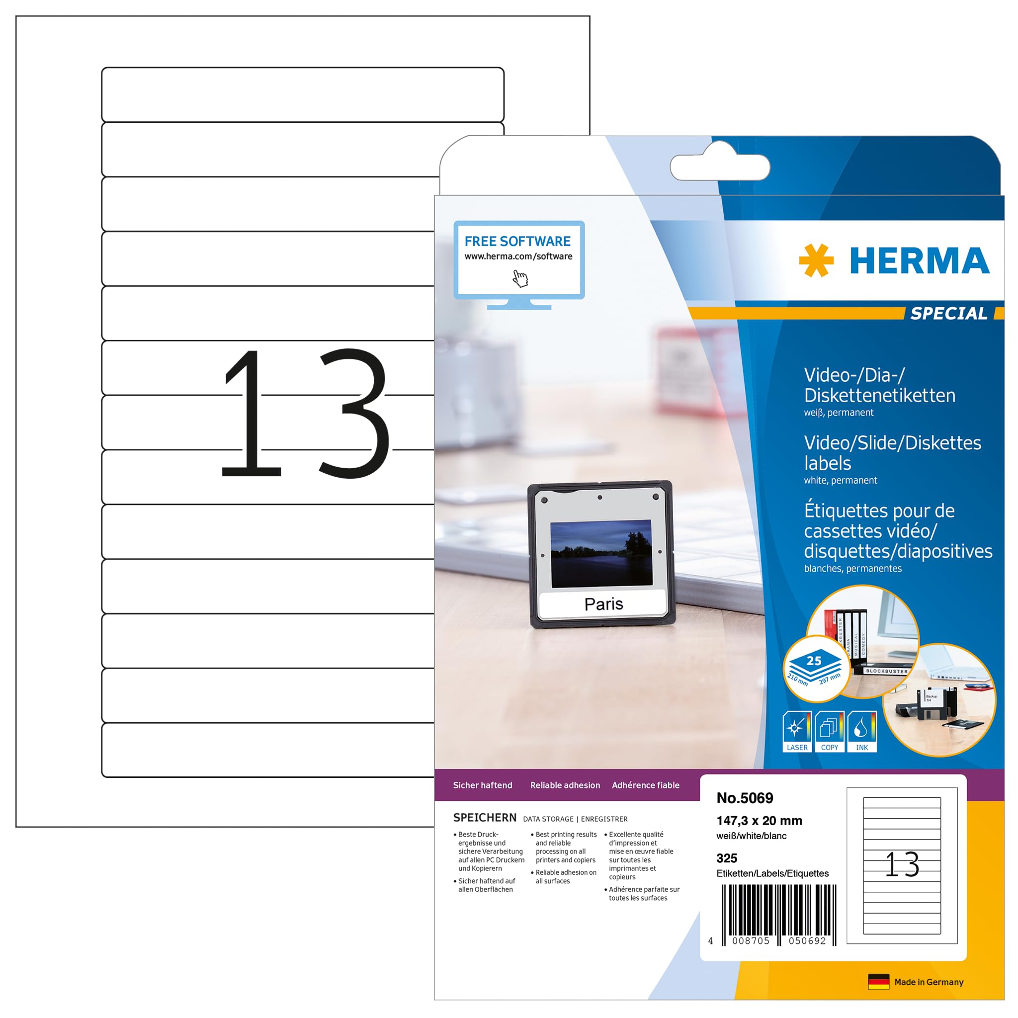 HERMA Self Adhesive Video Cassette Labels, 13 Labels per A4 Sheet, 25 Sheets, 147.3 x 20 mm, 325 Labels, Blank VHS Video Spine Labels Stickers, Sticky Labels for Laser & Inkjet Printer, White