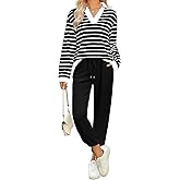 FIOPHY Women's Waffle 2 Piece Outfits Lounge Sets Striped Color Block Long Sleeve Tops Jogger Sweatpants Sweats Track Suits