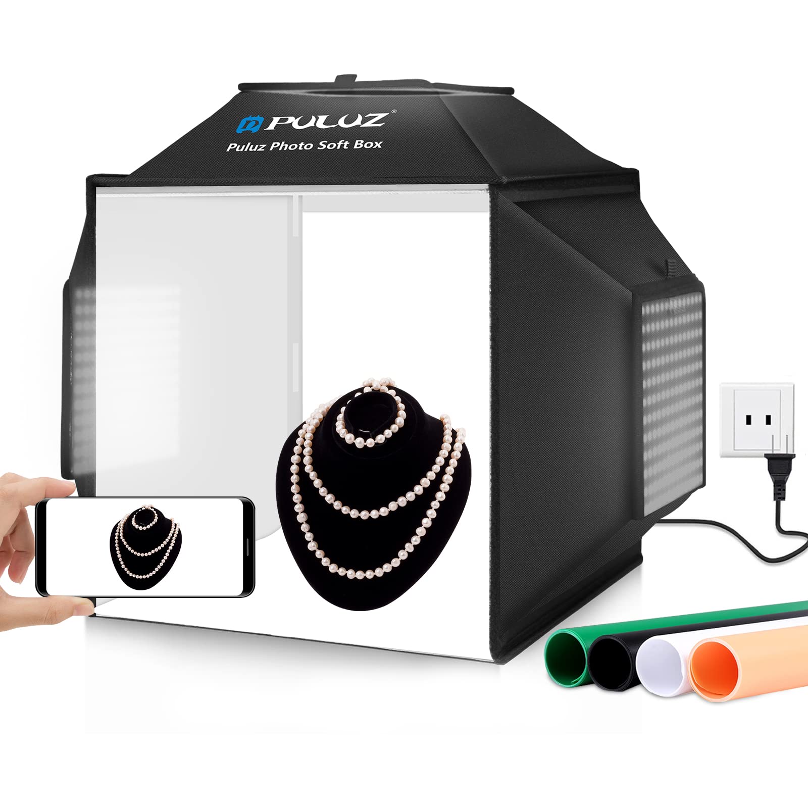 PULUZ 16''x16'' Photo Studio Light Box, Upgraded Photo Box Soft Box Integrated Portable Light Box Photography with Hight CRI 480 LED Lights & 4 Color Backdrops for Product Photography