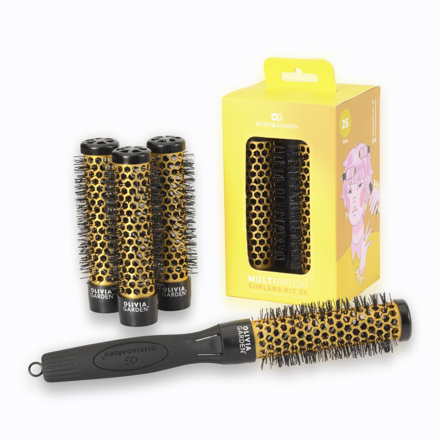 Olivia Garden Multibrush Curlers Kit - Size 25-4 Barrels of the Same Size & 1 Handle - Leave-In Barrels perfect for Curls and Volume