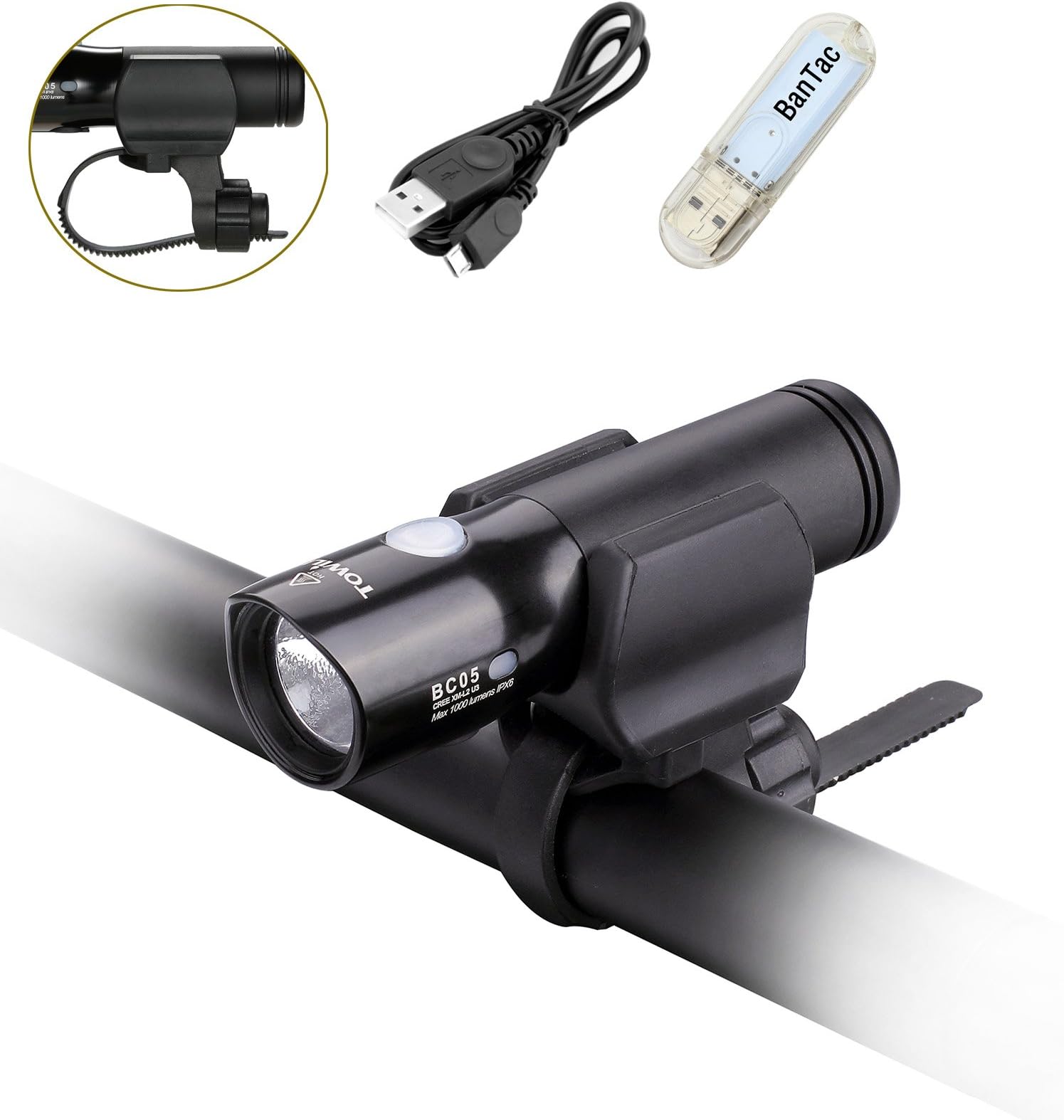 Towild BC05 Bicycle Front Lights/Lamp Cree XM-L2 U2 LED 1000 Lumens Bike Headlamp/Headlight USB Rechargeable Cycling EDC Headlamp Built-in 18650 3400mAh Li-on battery, with USB Lights (Black)