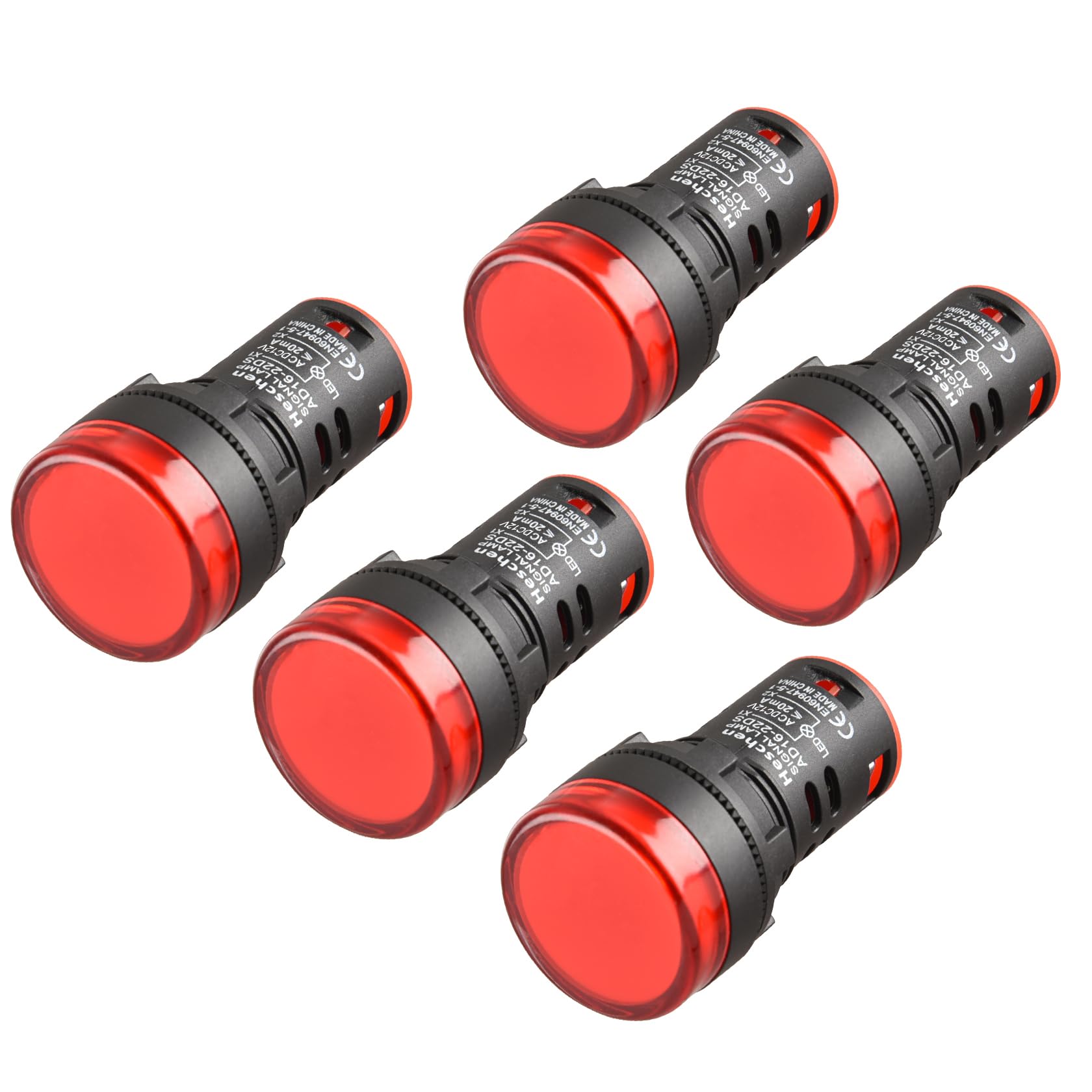 Heschen 22mm LED Indicator Pilot Light, AD16-22D/S, 12VDC 20mA, Red Light Colour, 5Pack