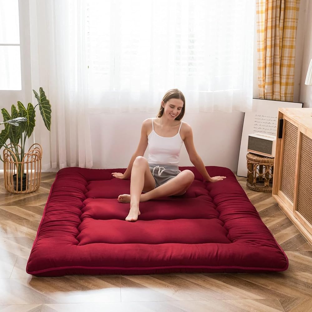 MAXYOYO Futon Mattress Burgundy Double Thick Memory Foam Floor Mattress