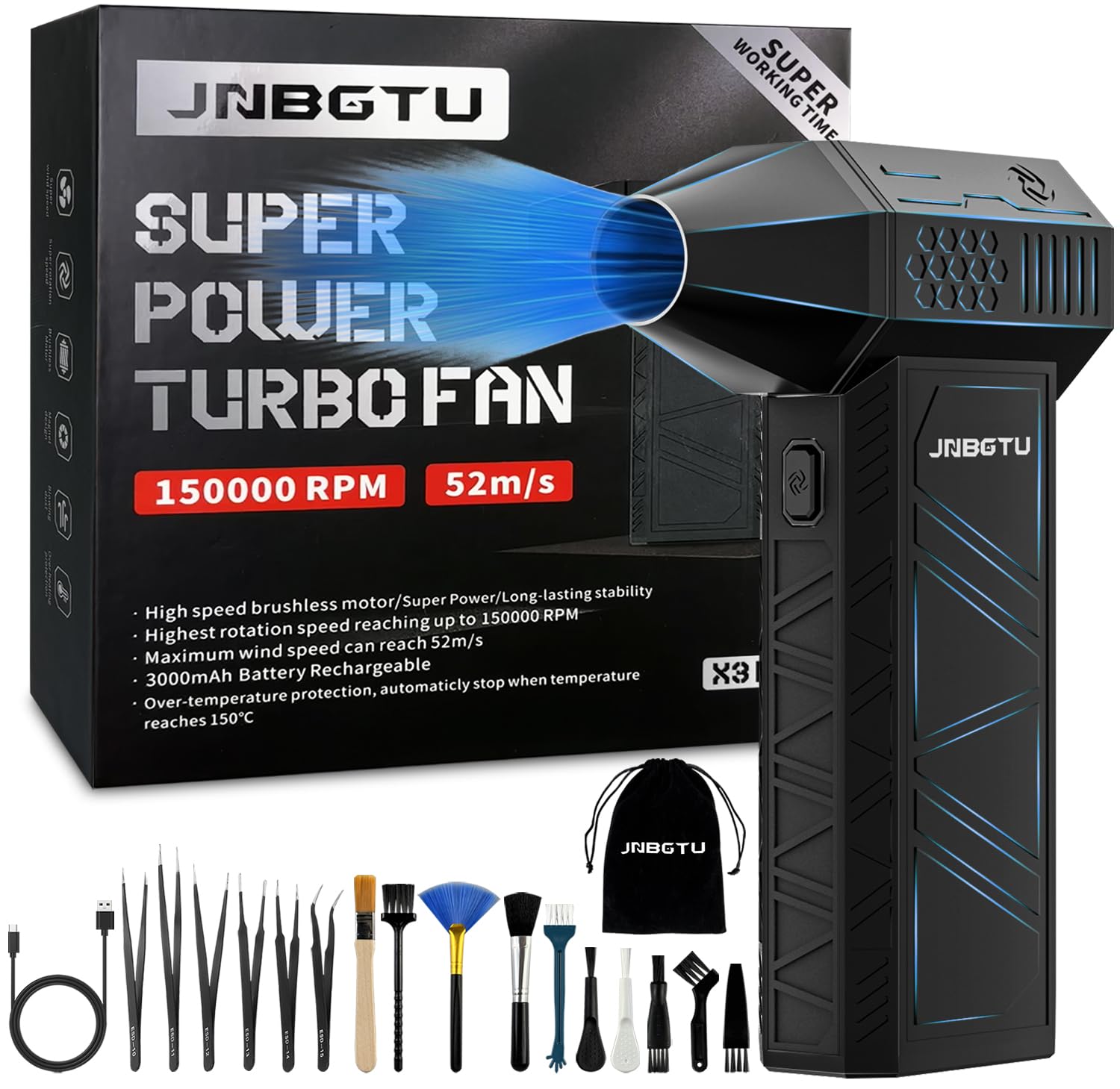 JNBGTU Compressed Air Duster - 150000PRM Jet Fan Blower, 3-Gear Adjustable Mini Cordless Turbo Fan with Fast Charging and Accessories, Air Dust Blower for Computer, Keyboard, House, Outdoor and Car