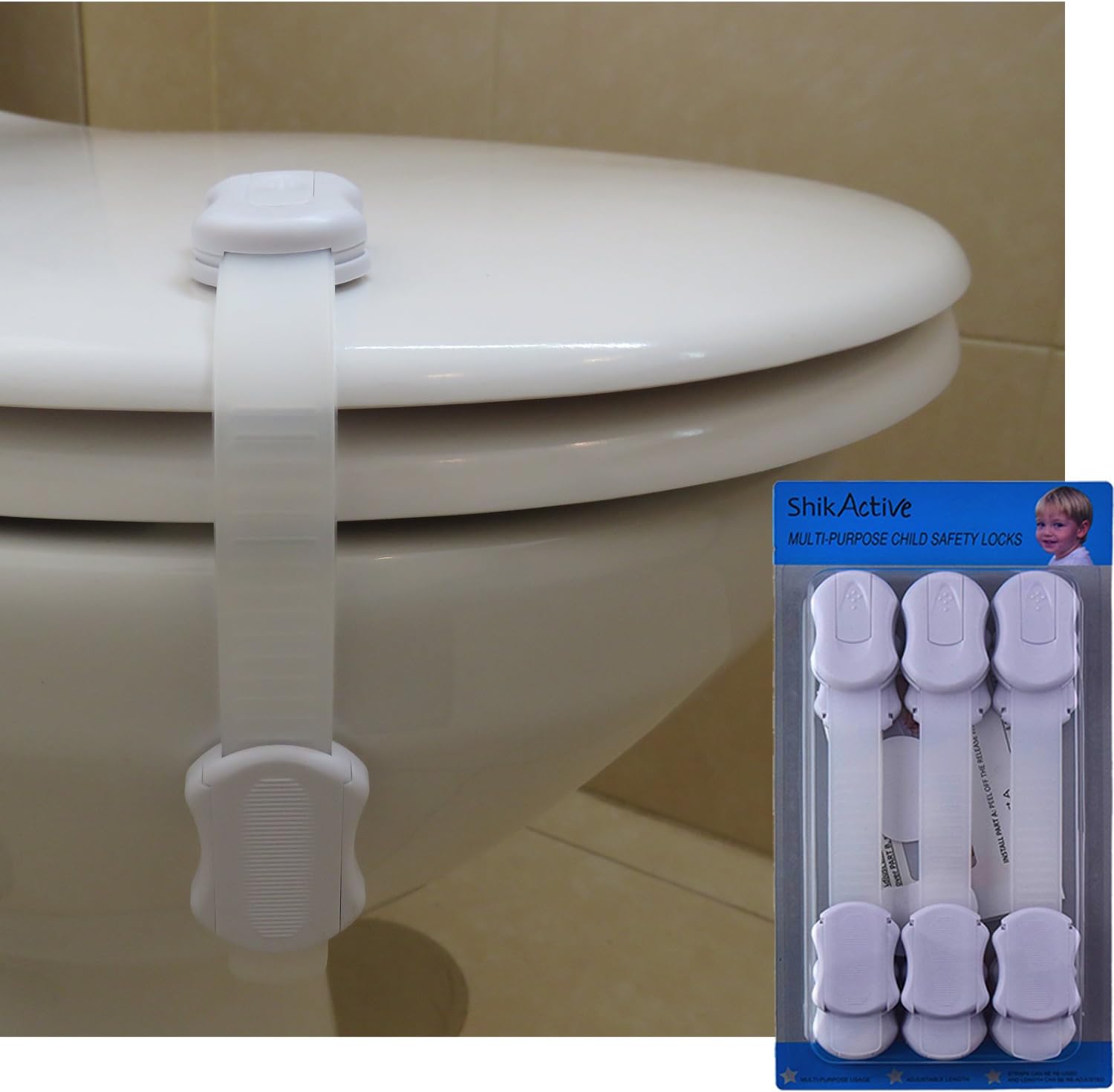 Safety Lock, Baby Proof, Adjustable Straps and Latch System, for Cabinets, Drawers, Toilet Seat and more | Bonus 3M Adhesive | White color | No Drilling | 6 Pack | Free Ebook | By Shik Active