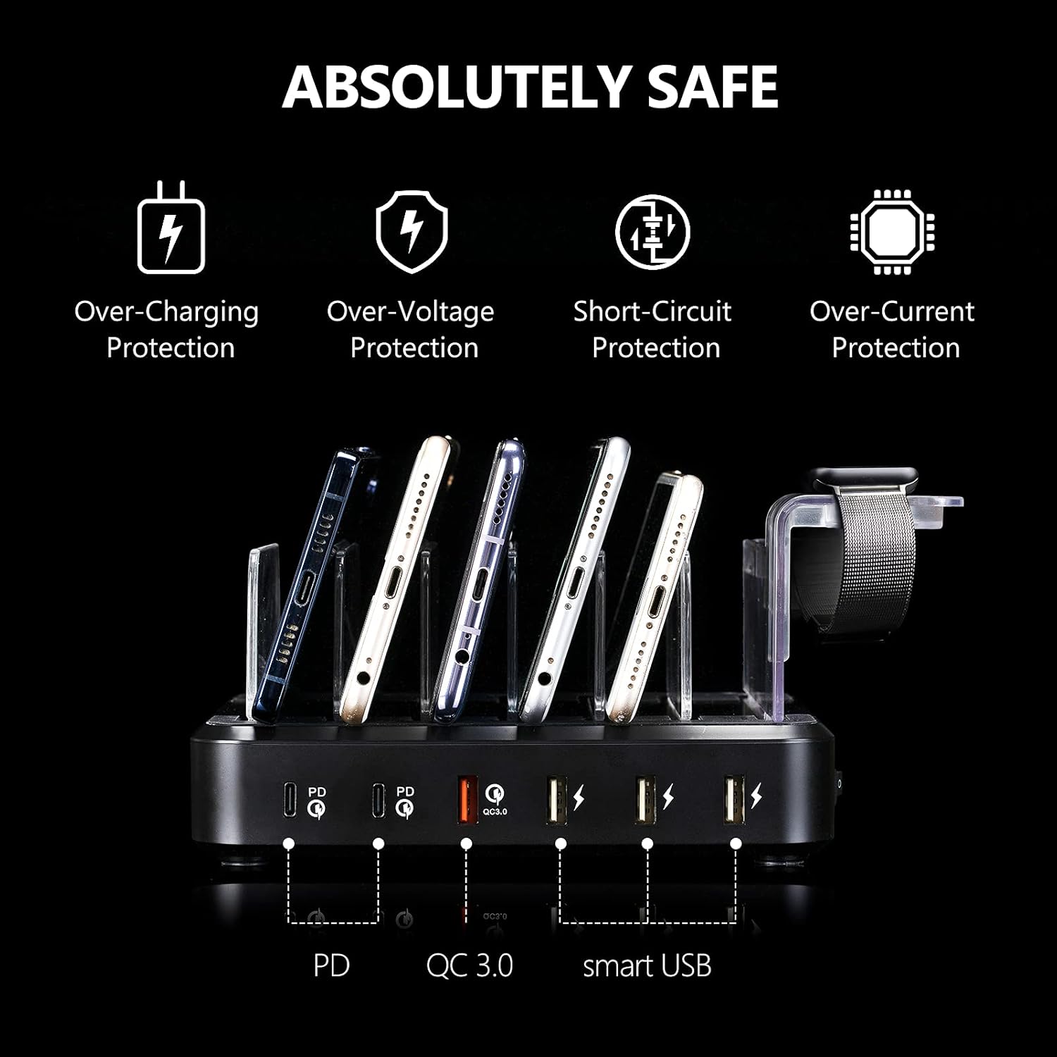 TZONOO 2PD 84W USB Charging Station 6 USB Ports Fast Multi Charger Stand Organizer Heavy Duty Dividers for Cell Phones Tablets Smartphones Electronics for iPhone 12/11 Apple Andiro Home Office(Black): Electronics