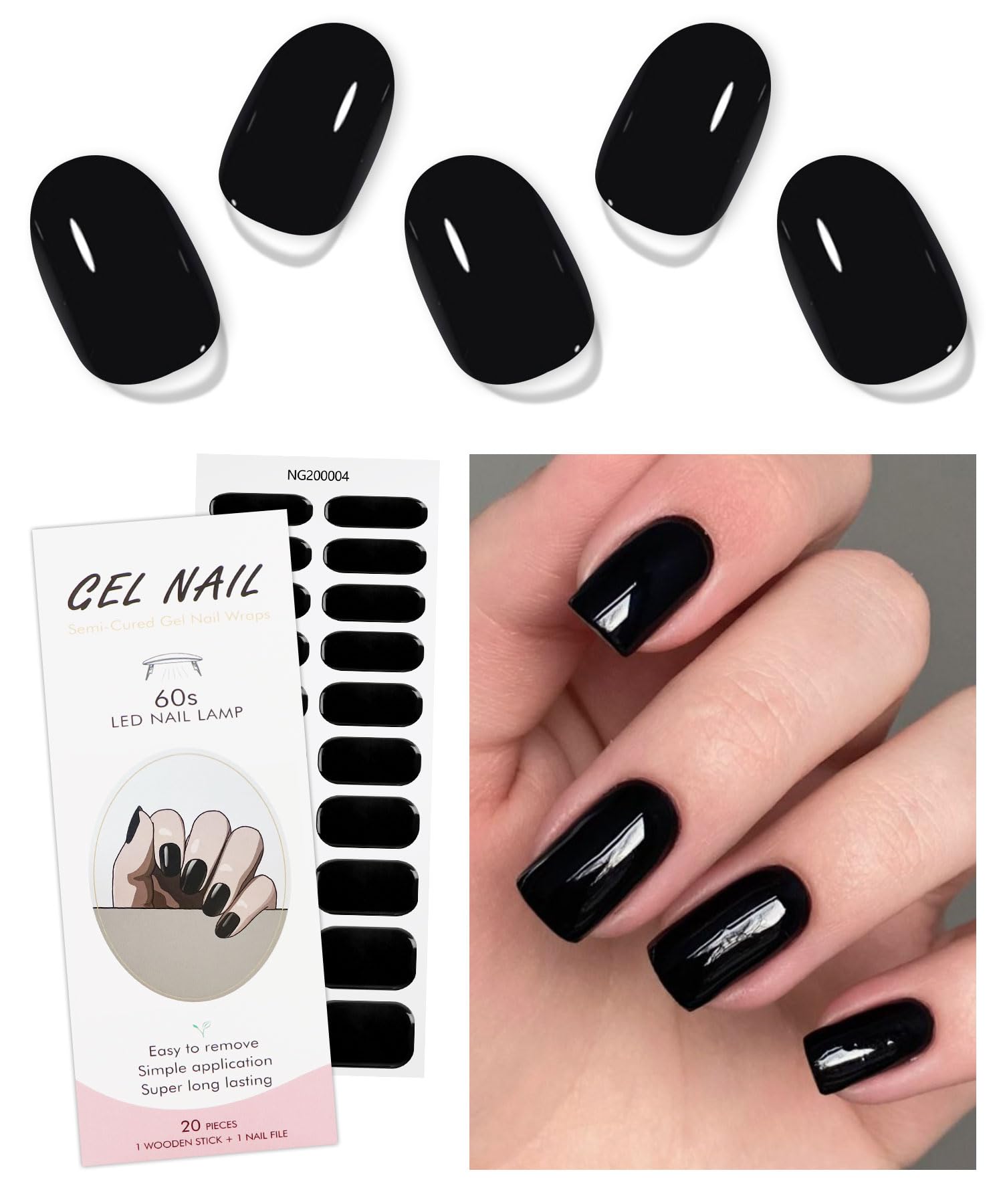 JMEOWIO Semi Cured Gel Nail Strips Black Halloween Gel Nail Stickers Nails Art Design Decoration Accessories