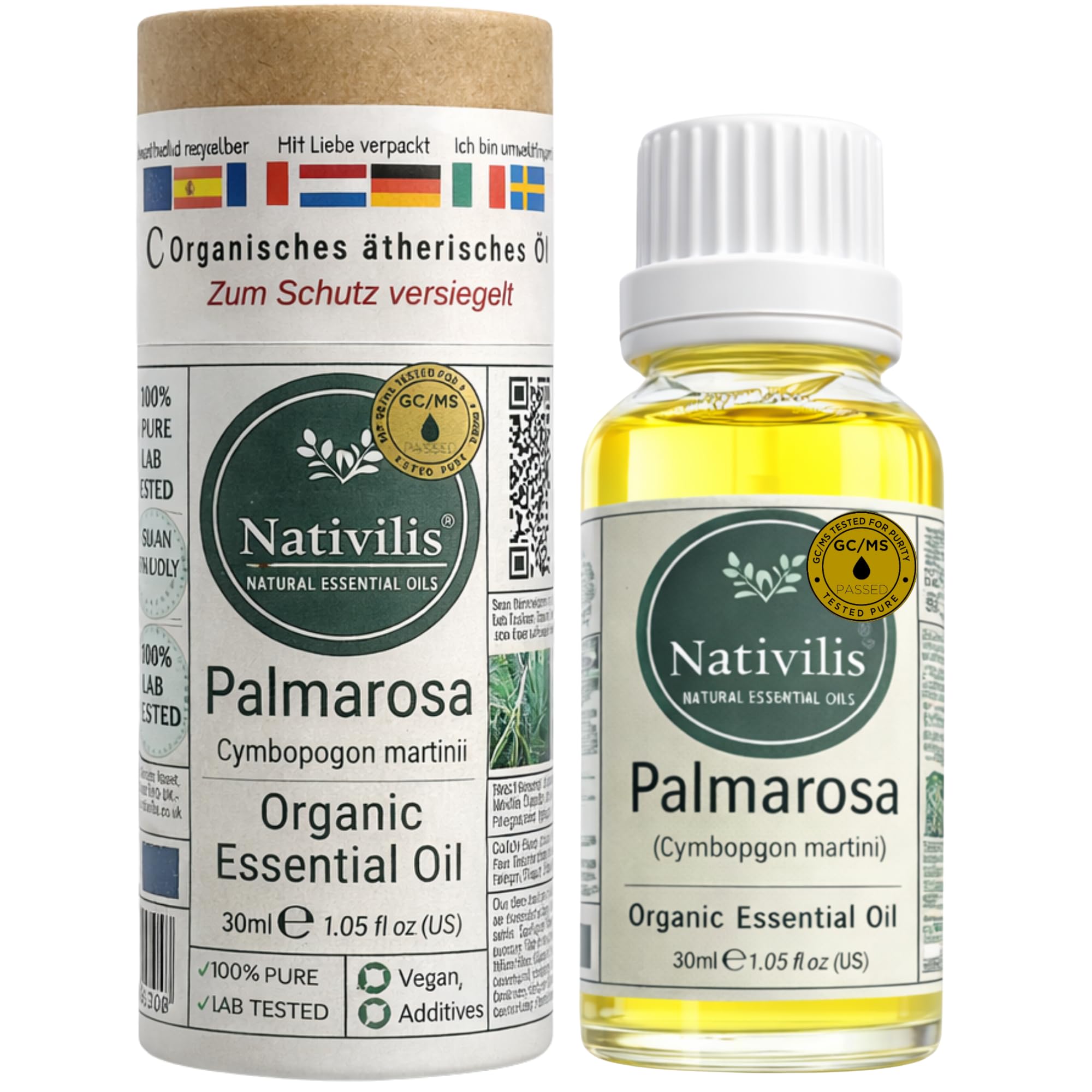Nativilis Organic Palmarosa Essential Oil 30ml (Cymbopogon martinii) – 100% Pure GC/MS Tested – Skin Balancing, Hydrating & Aromatherapy Oil – Vegan, No Additives - copaiba
