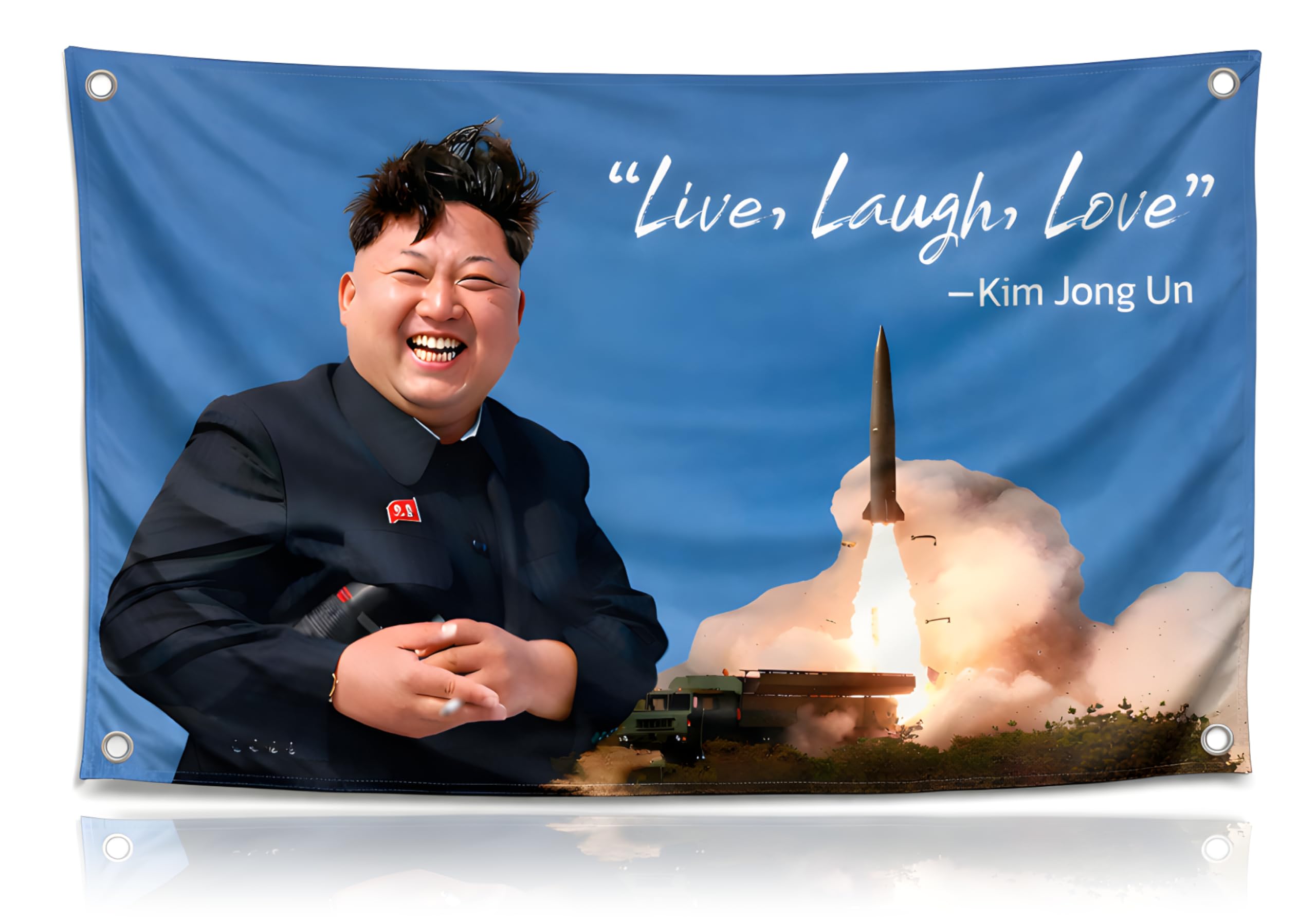 LUIVU 3x5 Feet Lightweight Polyester Flag - Live Love Laugh Kim Jong with Four Brass Grommets - Funny, Cool Double Sided Meme for Indoor and Outdoor Decor Boys Room