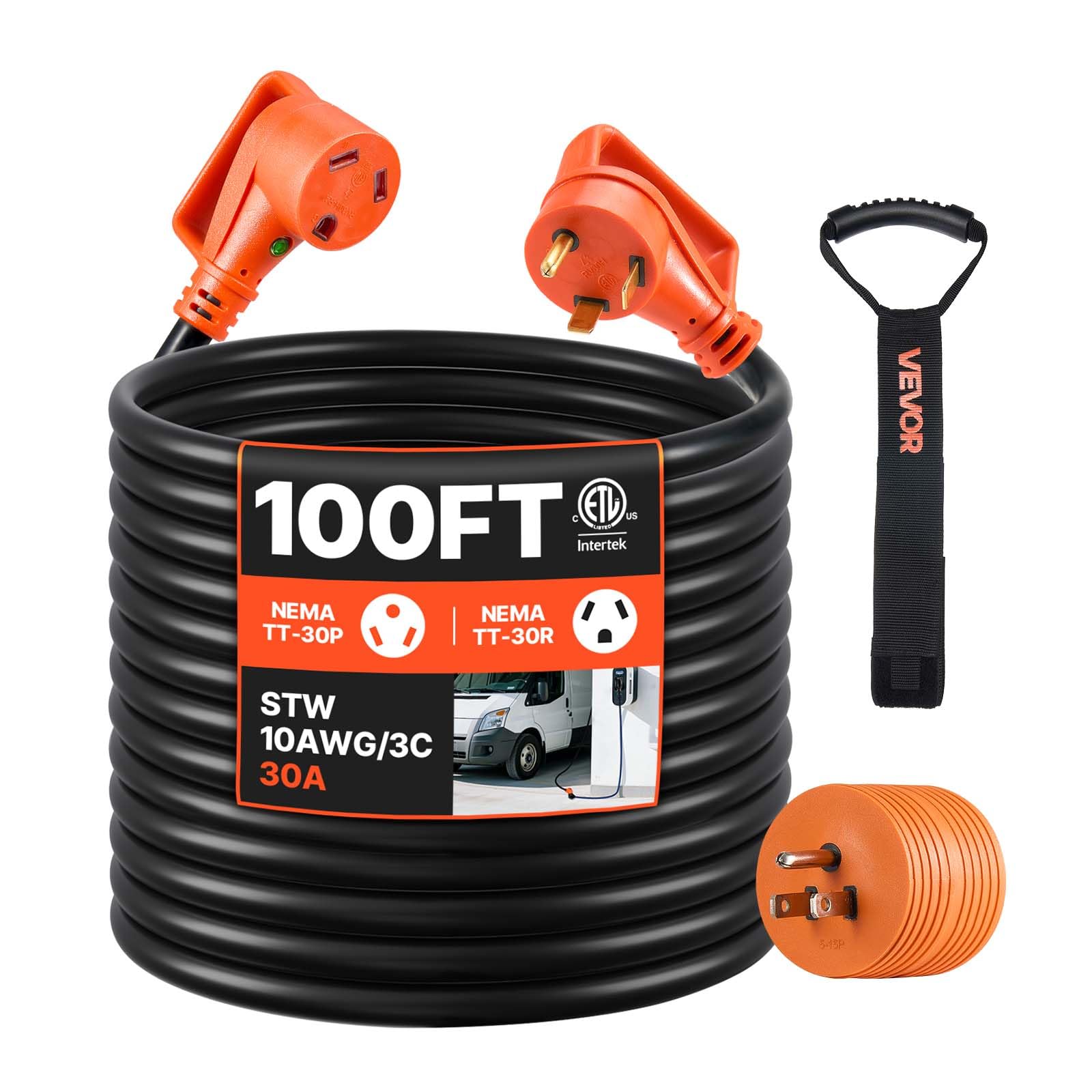 VEVOR 100 FT RV Extension Cord, 30 Amp, 125V 2500W Heavy Duty STW 10/3 Gauge Wire, NEMA TT-30P Male NEMA TT-30R Female Plug, with LED Power Indicator, Handle, 15A Adapter, for RV Trailer, ETL Listed Image