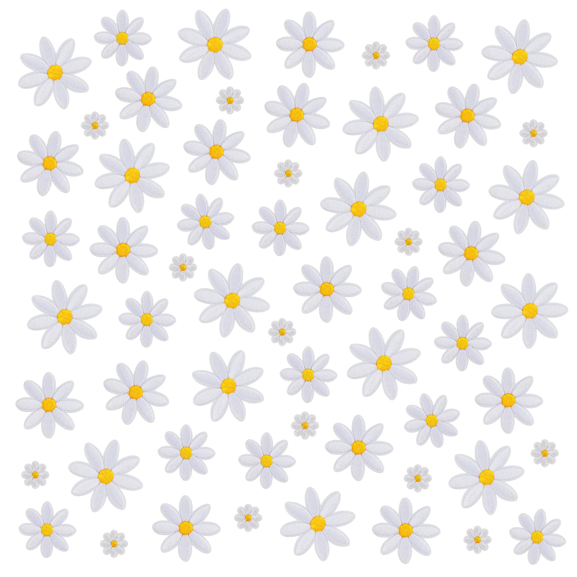 Photo 1 of 60Pcs Flower Iron on Patches,4Size Cute Daisy Flower Embroidered Patches, Sew on Patches for Clothes Backpacks Hats Jeans (White)