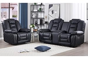 EBELLO Recliner Sofa Couch Set, Faux Leather Reclining Living Room Furniture Set, Includes Single Recliner Chair and Manual Loveseat Sofa with Center Console, Black