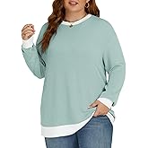 VISLILY Womens-Plus-Size-Tops Trendy Color Block Long Sleeve T Shirts Casual Loose Tunics Cute Knit Crewneck Blouses XL-5XL