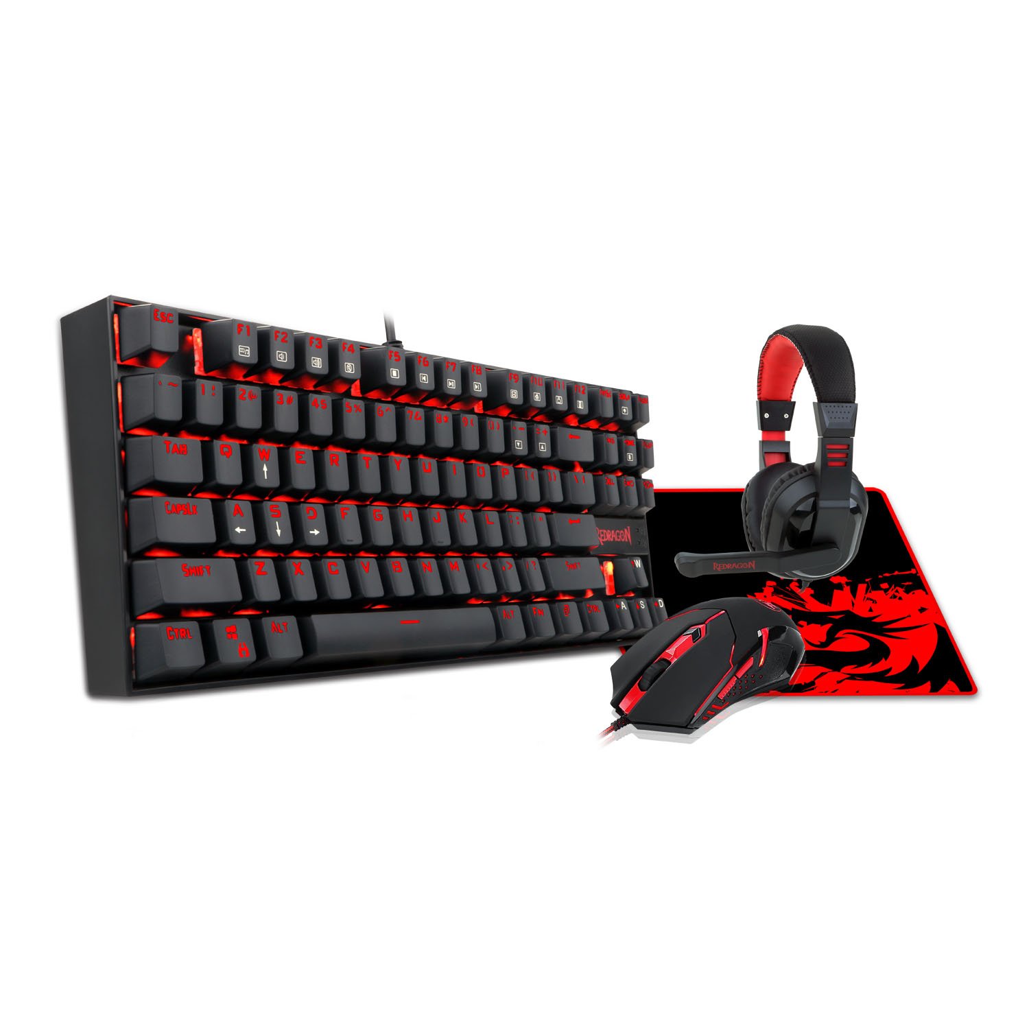 BUNDLE Redragon K552BB Gaming Keyboard, Mouse, Mouse Pad, Headset w