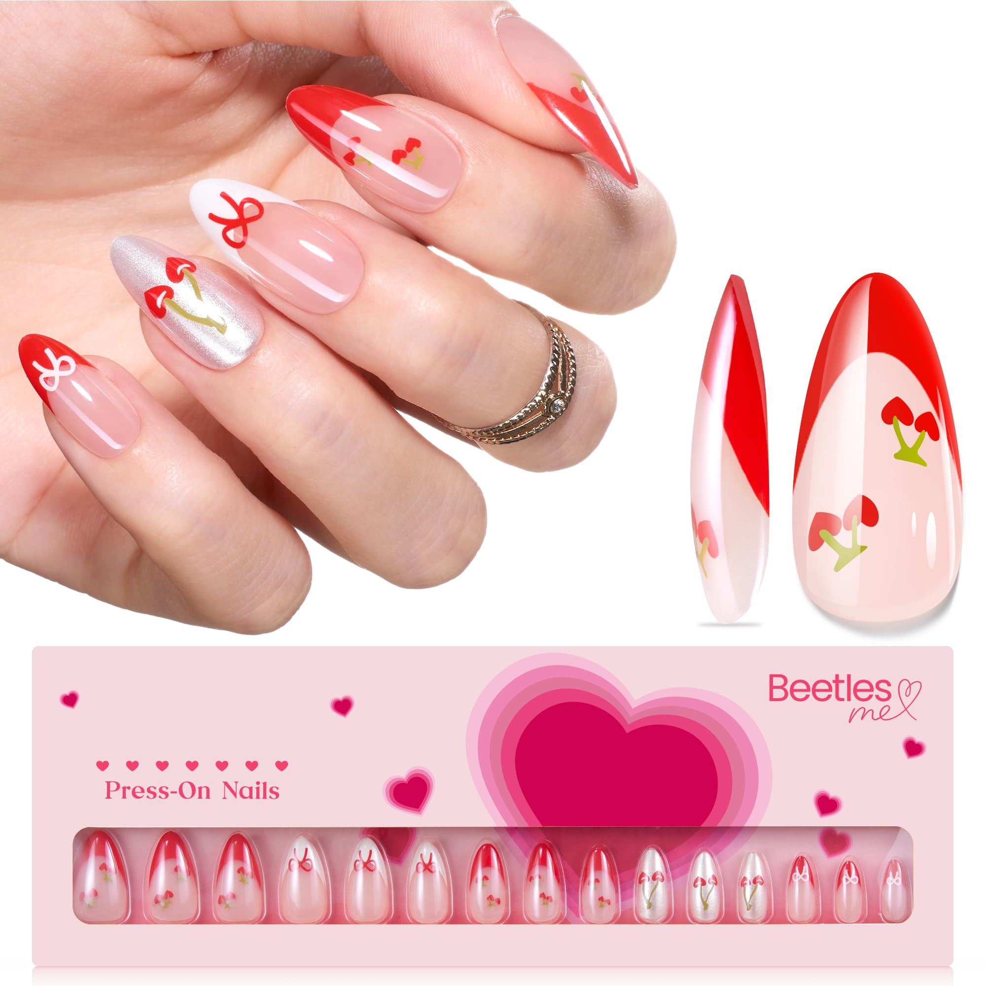 Beetles Cherry Press on Nails：Cherry of Love French Tips Press ons Medium Almond 30 PCS 15 Sizes Pre-Designed Reusable Stick on False Nails with Glue Manicure Gift for Women
