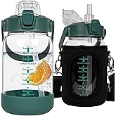 Seekua 32 oz Glass Water Bottle with Straw and Time Marker, Large Motivational Borosilicate Glass Drinking Bottle with Silicone Boot and Sleeve