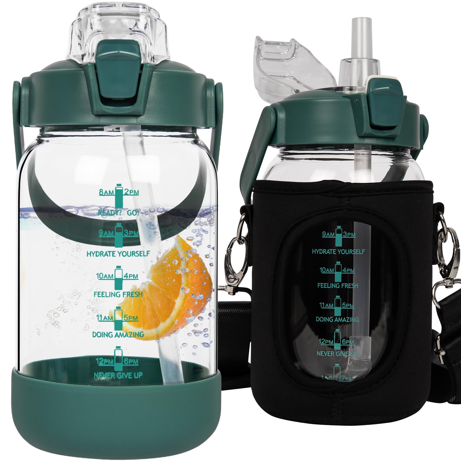 Seekua 1l Glass Water Bottle with Straw & Motivational Time Markings 1 litre Large Leakproof Gym Drinking Bottle