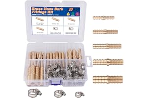 KOOTANS 32PCS Brass Hose Barb Fittings Barb Splicer Mender Hose Fittings Kit 3/16" 1/4" 5/16" 3/8" 1/2" Barbed Air Hose Fittings with 46pcs Pipe Clamps for Water Fuel Air Line Connector Fitting