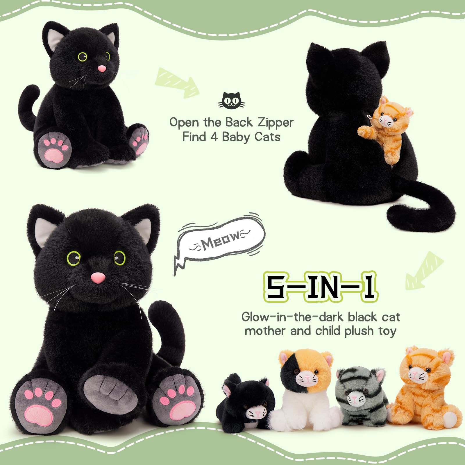 MorisMos 5 stücke Plüsch Katzen, 40cm hoch riesen schwarz Katze Kuscheltier XXL mit Kätzchen Baby im Bauch, Groß Katze Plüschtier Stofftier, weich Geburtstag Weihnachten Geschenk Kinder 3