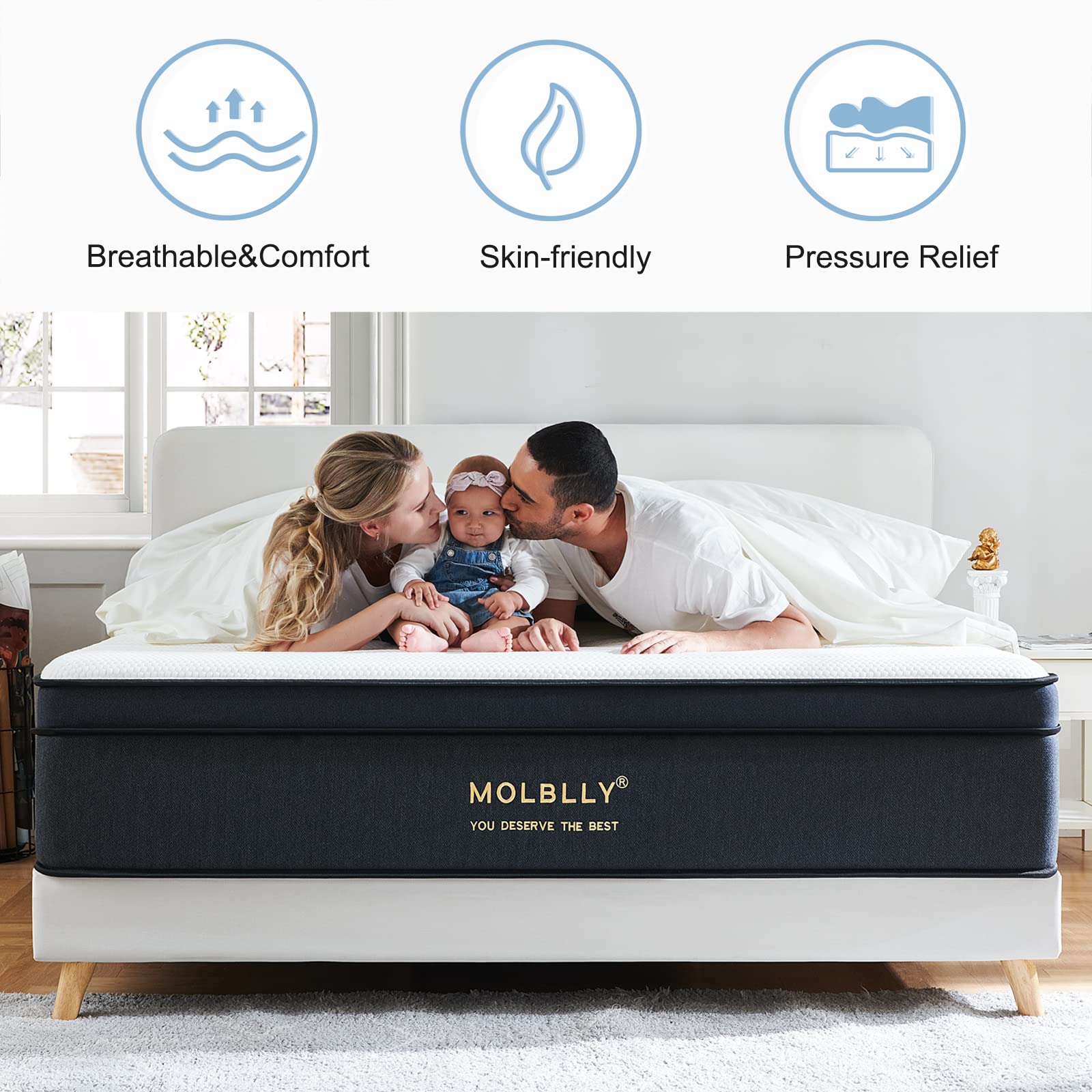 Molblly Mattress, 12 Inch Hybrid Queen Size Foam Mattress in a Box, Individually Wrapped Pocket Coils Innerspring, Pressure-Relieving and Supportive, Non-Fiberglass Mattressess 12 * 60 * 80 Inch