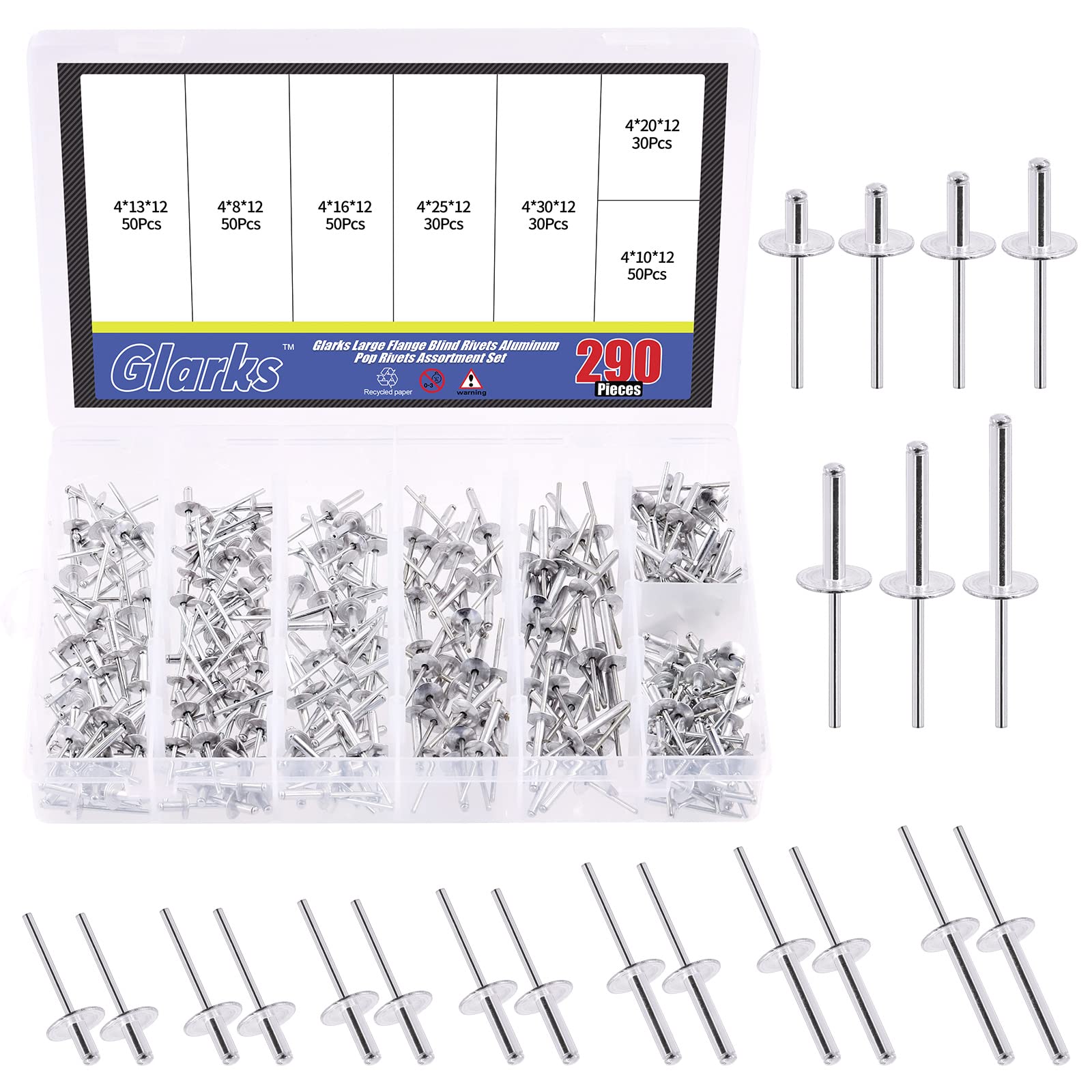 Glarks 290Pcs 5/32" x 5/16" / 3/8" / 1/2" / 5/8"/ 13/16" / 1" / 1-3/16" Large Flange Aluminum Blind Rivets Pop Rivets Assortment Set for Joining Metal Plate Pipe Automotive