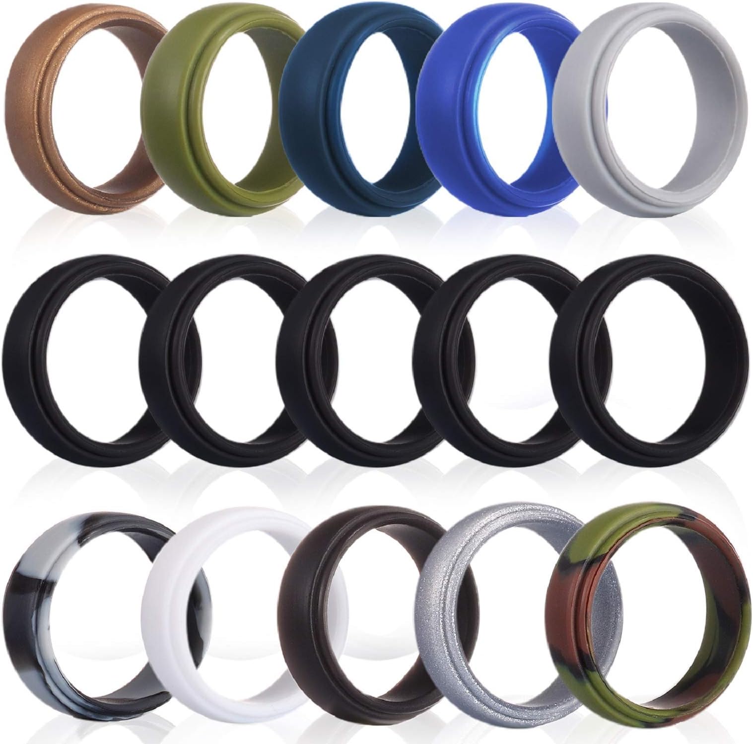 Rngeo Silicone Wedding Ring for Men, 15 Pack Rubber Bands for Men, for Workout, Exercise & Gym (15 Pack, 11 colors)