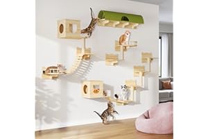 DWVO Cat Wall Shelves and Perches for Wall, Pine Wooden Wall Mounted Cat Furniture, Set of 18 Cat Climbing Shelves with Cat Bed, Wall House, Wall Steps, Bridge Ladder, Scratching Post and Cat Tunnel