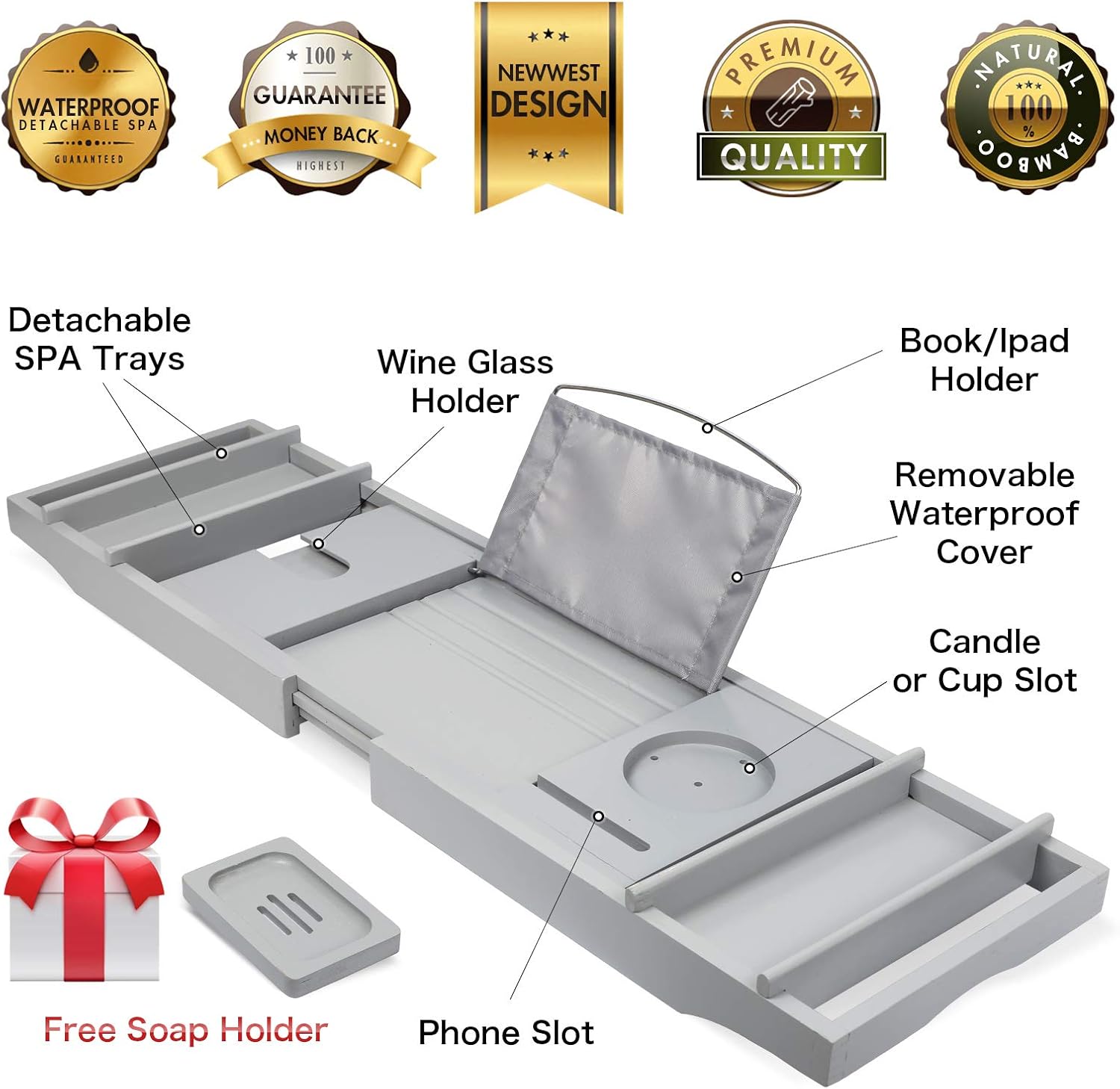 Artmalle Luxury Bamboo Bathtub Caddy Tray with Book and Wine Holder,Bath Accessories & Bed Tray with Extending Sides,Bathroom Organizer for Men/Women,Free Soap Holder,Gray: Home & Kitchen