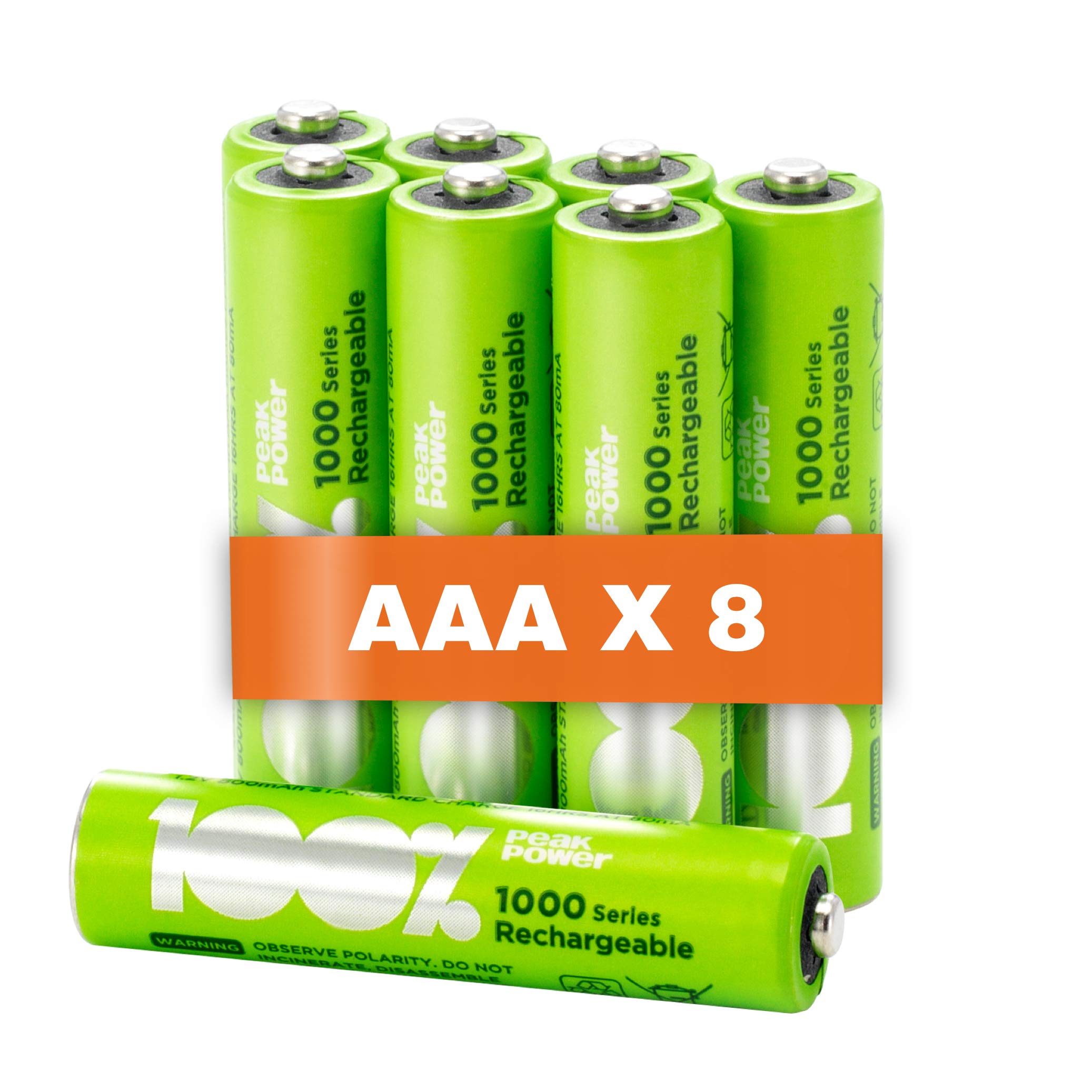 100% PeakPower 8 x AAA Rechargeable batteries 800 mAh 100% PeakPower NiMH Battery