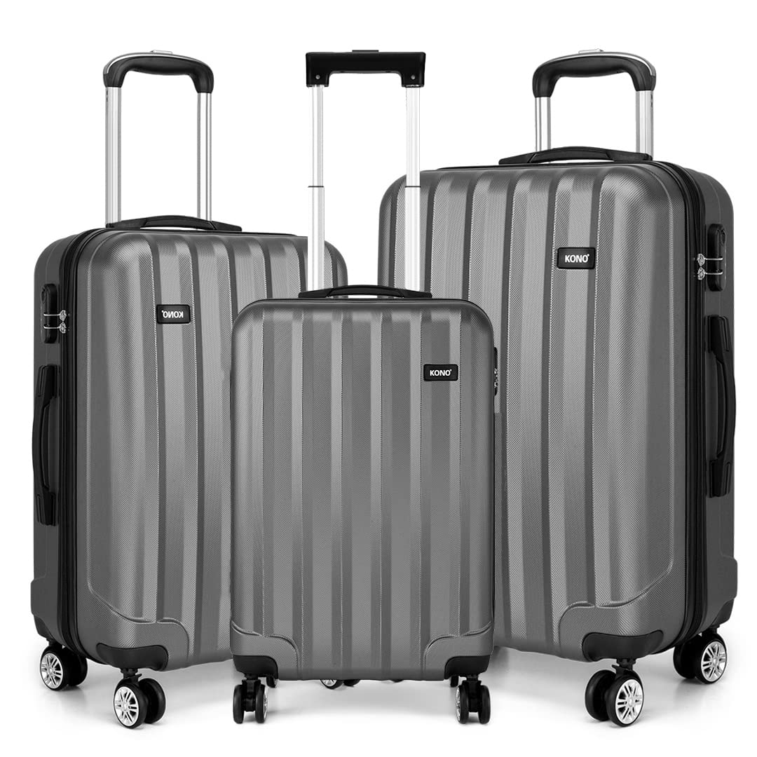 Kono Durable Hard Shell Suitcases with 4 Spinner Wheels Light Weight ABS+PC Travel Trolley Case 19” 24” 28” (3Pcs Set, Grey)