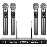 Phenyx Pro Wireless Microphone System, Metal Wireless Mic Set with 4 Cordless Mics, 4x25 UHF Adjustable Frequencies, 200ft Range, Dynamic Microphones for Singing, Karaoke, Church, DJ (PTU-5200-4H)