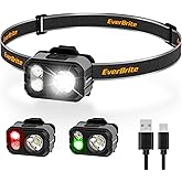 EverBrite 400LM Rechargeable Headlamp, 1.59 oz Lightweight & Comfortable Head Lamp with Hat Clip, IP67 Waterproof, White/Red/Green Light, 7 Modes for Running, Camping and Backpacking-Grey