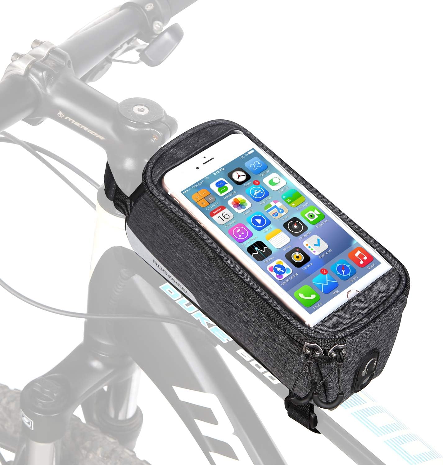FlexDin Bike Frame Bag, Bicycle Top Tube Pannier Bag, 6.3" Waterproof Touchscreen Pouch Cell Phone Mount Holder - Grey