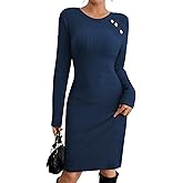 Pink Queen Womens Fall Dress Bust Button Crewneck Long Sleeve Ribbed Knit Knee Length Bodycon Winter Dresses