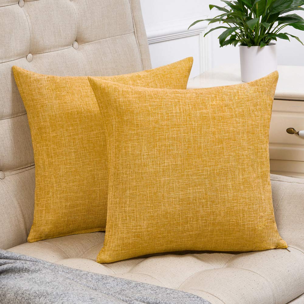 Anickal Set of 2 Mustard Yellow Pillow Covers Cotton Linen Decorative Square Throw Pillow Covers 18x18 Inch for Sofa Couch Decoration
