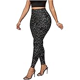 MakeMeChic Women's Glitter Elastic Waist Leggings High Rise Party Skinny Pants Club Outfits