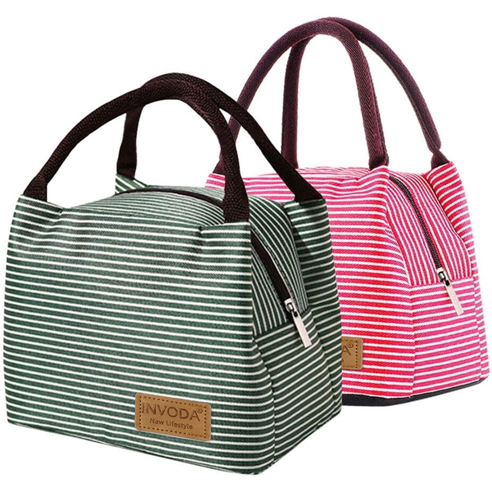 INVODA Lunch Bag Cool Bag for Lunch Box Lunch Organizer Striated Waterproof Fabric Foldable Picnic Handbag for Women, Adults, Students(Green+Red) — image 1