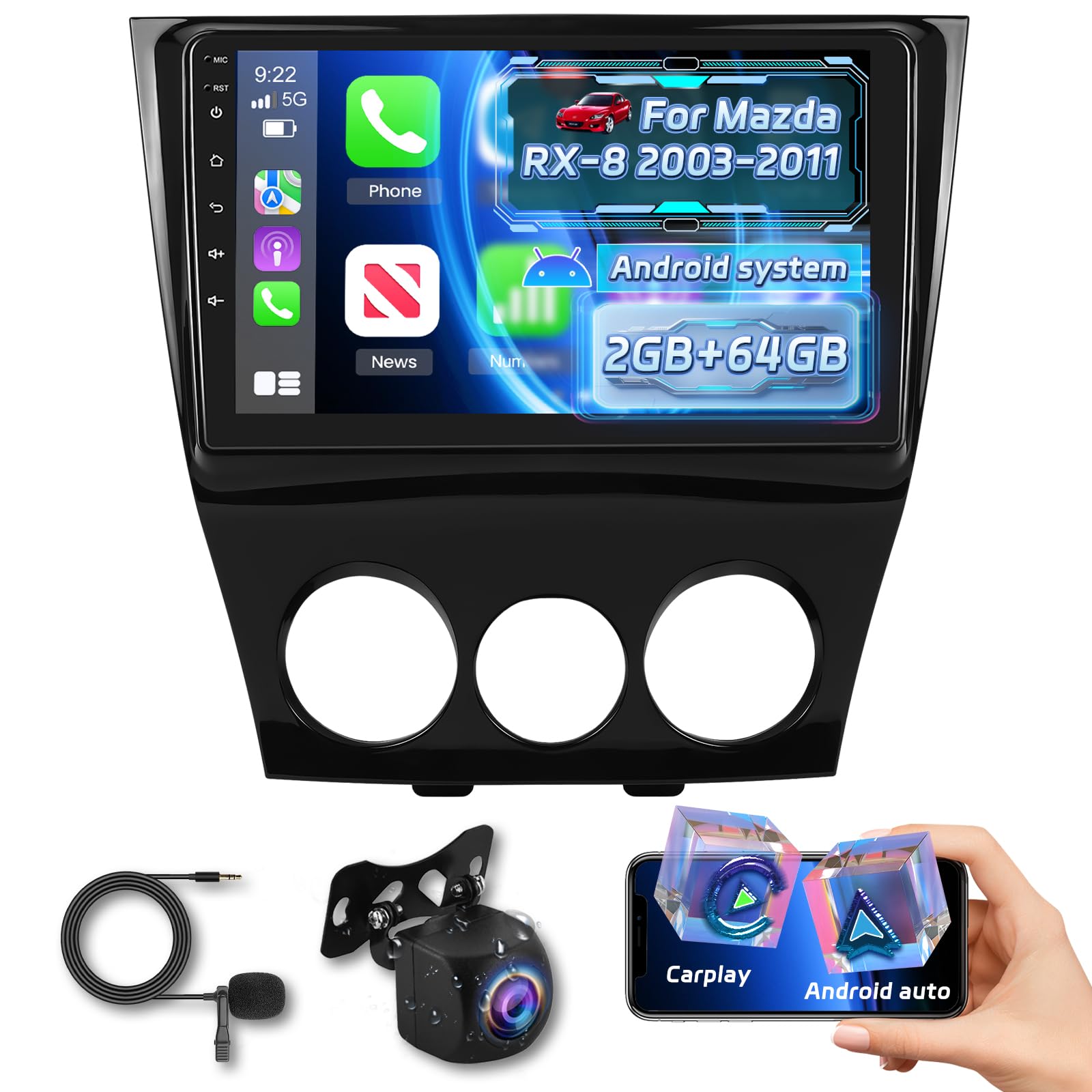 Photo 1 of [2+64G] NHOPEEW Car Radio for Mazda RX8 RX-8 RX 8 2003-2011 with Wireless Carplay and Android Auto - 9 Inch Touchscreen Android Car Stereo - DSP/GPS Navi/WiFi/SWC/Bluetooth + AHD Backup Camera