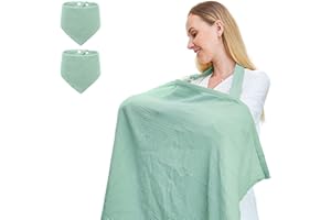 TATAVR Muslin Nursing Covers for Breastfeeding, Privacy Breast Feeding Cover with Arch Neckline for Mom and Baby, Breathable 100% Cotton Nursing Apron Multi-Use Stroller Cover(Included Two Baby Bibs)
