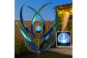 Lariander Outdoor Wind Spinners with Solar Light, 82'' Metal Large Spinner Yard Art, Peacock Blue Wind Sculptures for Garden Lawn Patio, Gifts for Family