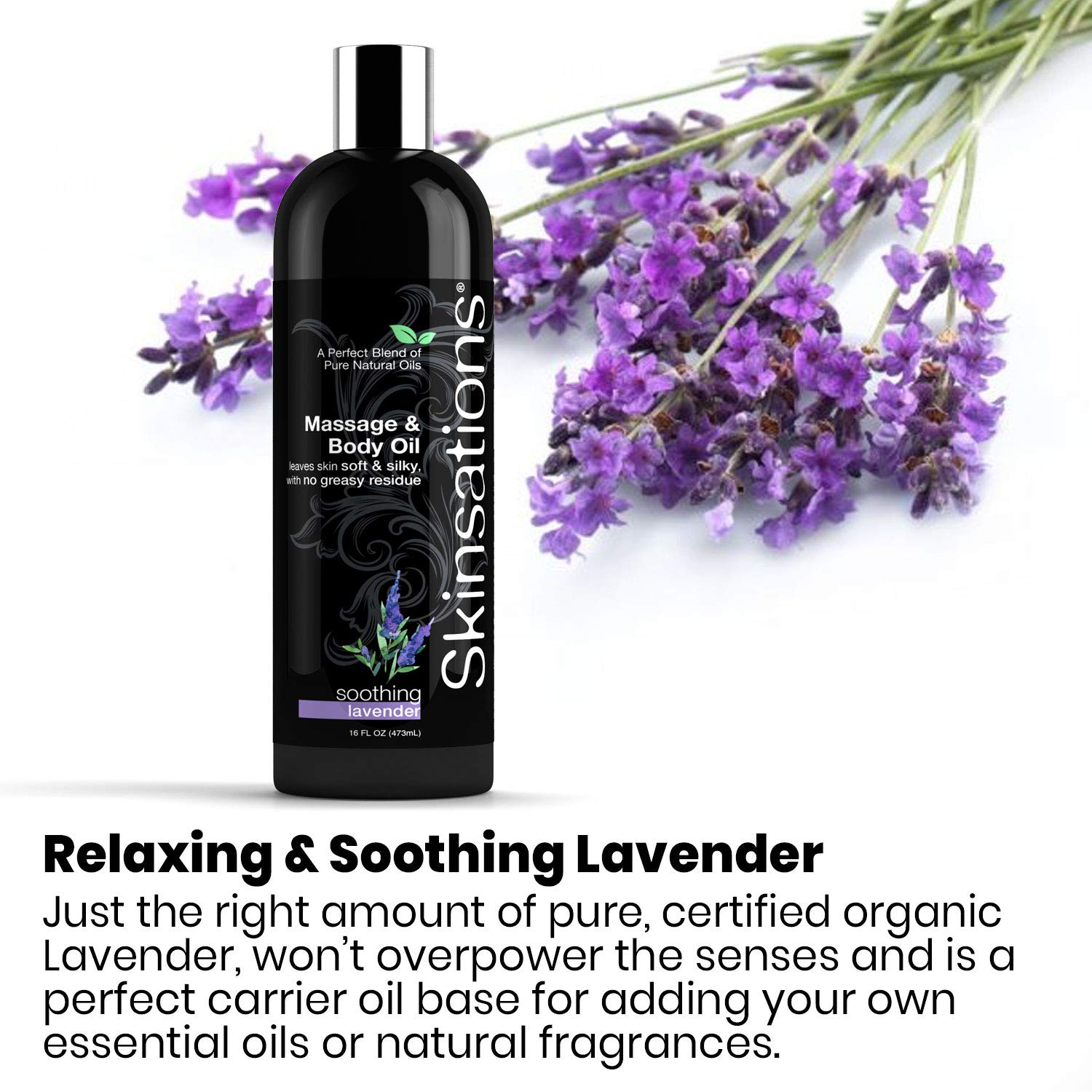 Skinsations - Sensual Massage & Body Oil - Lavender 16oz | Lightweight & Silky Soft, Edible Sweet Almond, Fractionated Coconut, Grapeseed & Jojoba Oils with Organic Lavender EO for Massage Therapy: Beauty