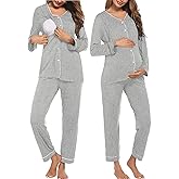 Ekouaer Maternity Pajama Set Button Down Nursing Pajamas Long Sleeve Breastfeeding Loungewear with Adjustable Pants